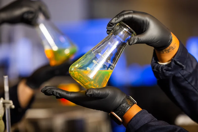 Amber colored oil in flask