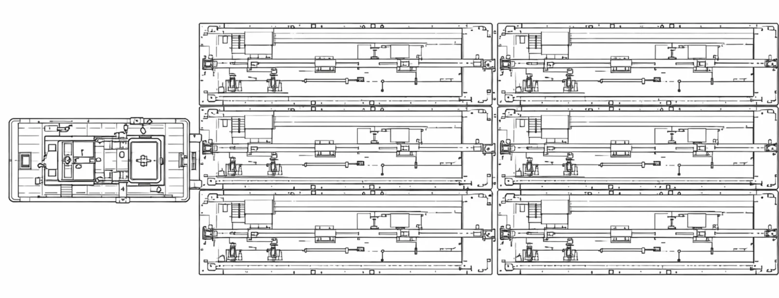 Blueprint style drawing of towboat and barge formation